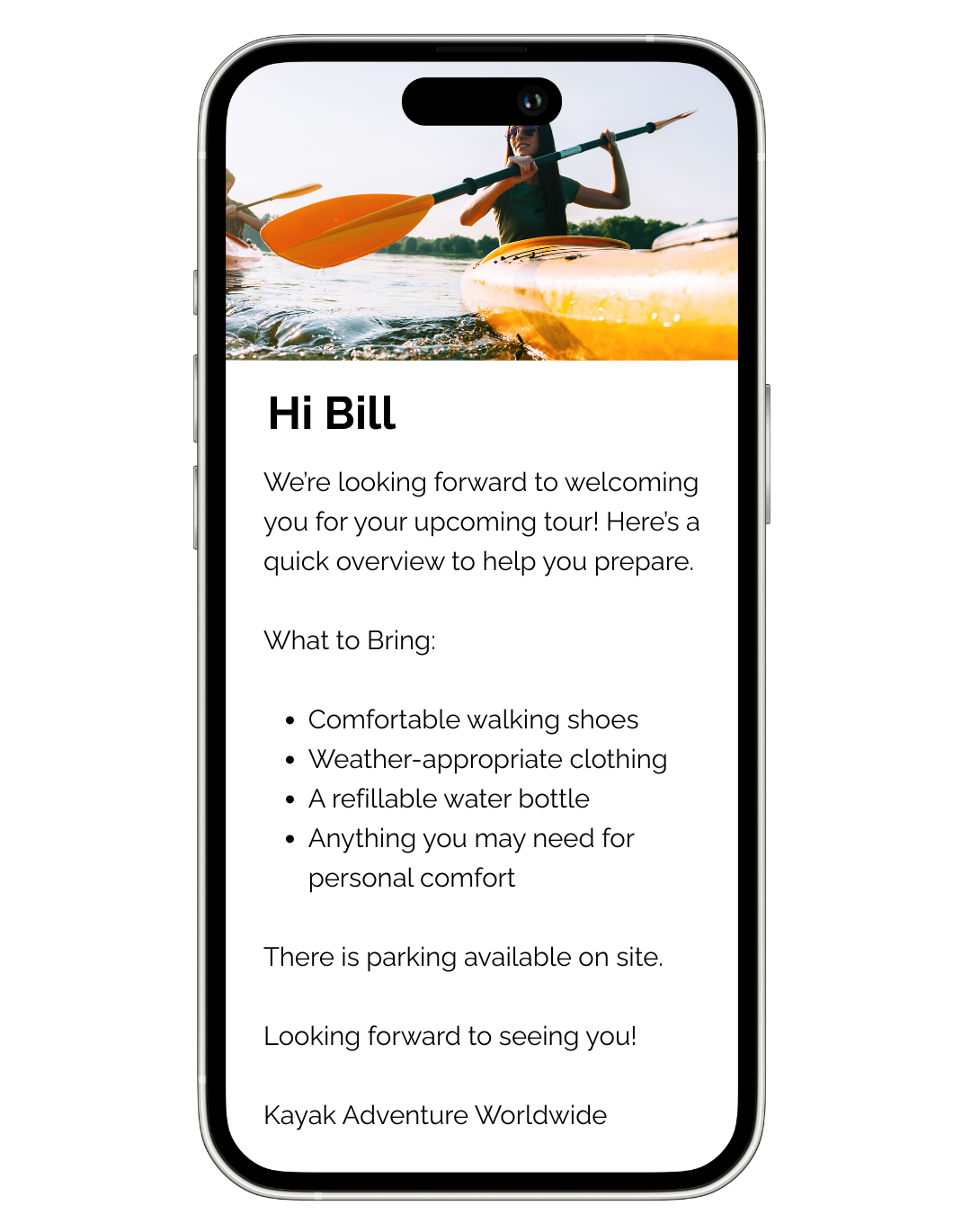 Kayaking Confirmation Email